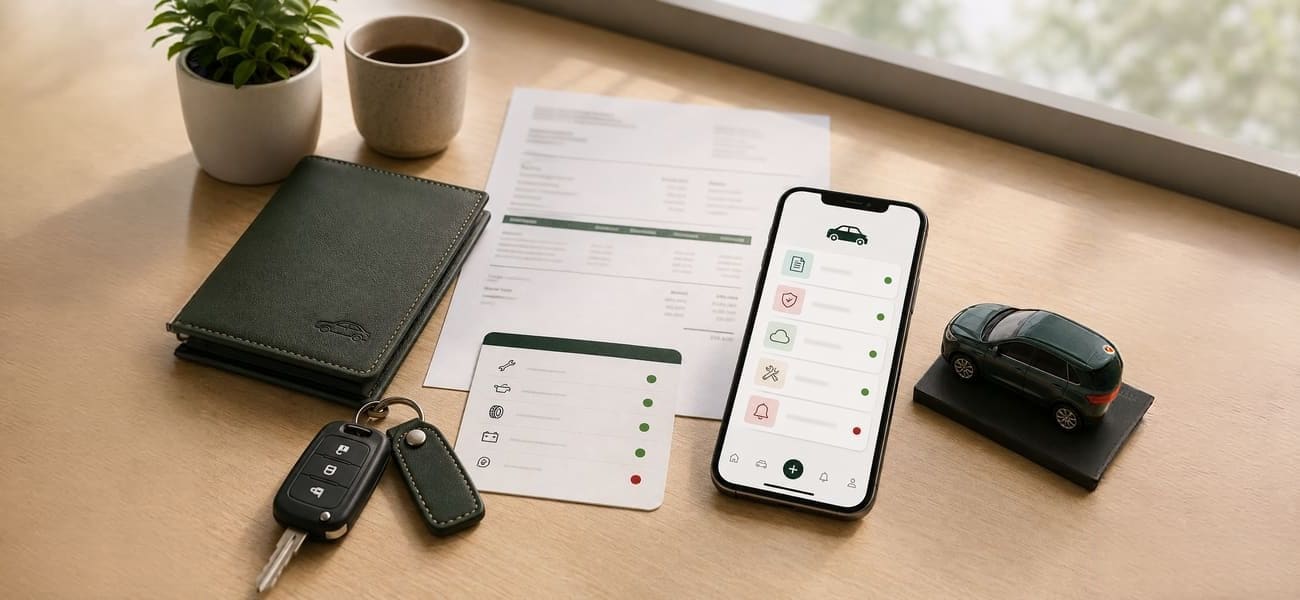Car keys, documents and the DriveCircle app showing service and document reminders on a desk