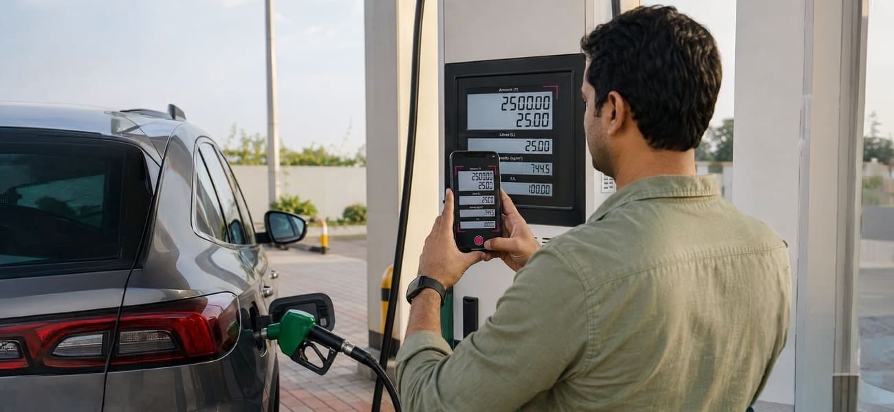 A driver photographing a fuel pump display to log a fill-up in DriveCircle