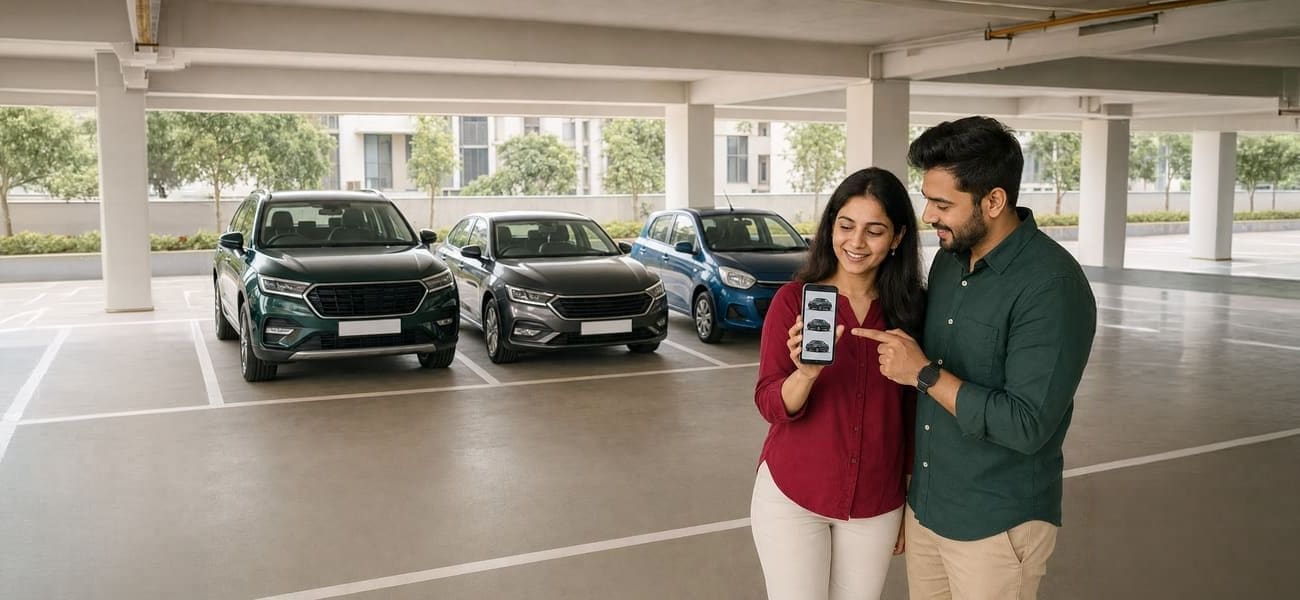 A couple comparing their multiple vehicles in a parking garage using the DriveCircle app