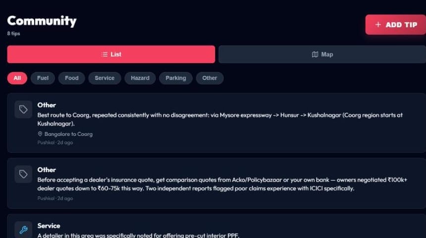 Real DriveCircle community tips list with routes, hazards and service recommendations