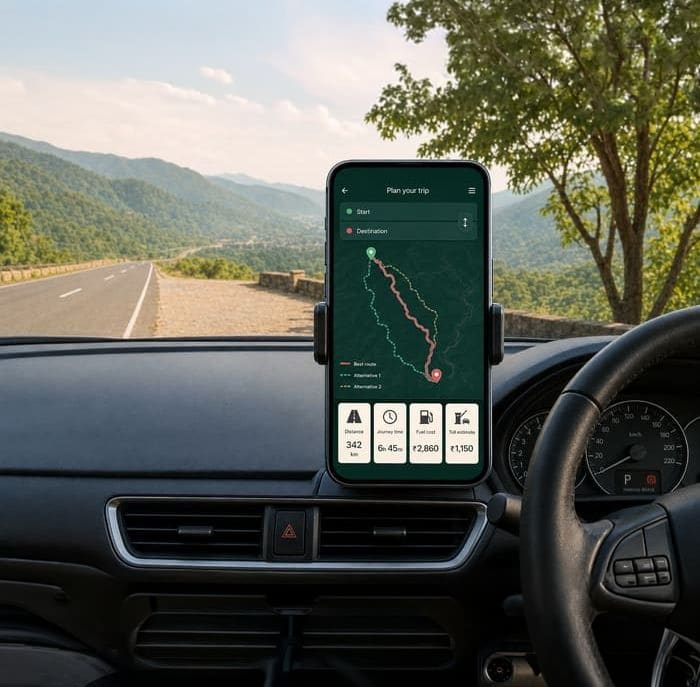 A phone mounted on a car dashboard showing DriveCircle's trip planner with route, distance, fuel cost and toll estimate